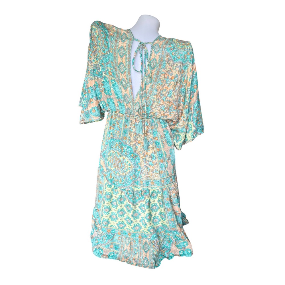 Silk Blend Plunging Mini Dress Aqua Paisley Kimono One Size Boho Miami V-neck - Picture 2 of 8